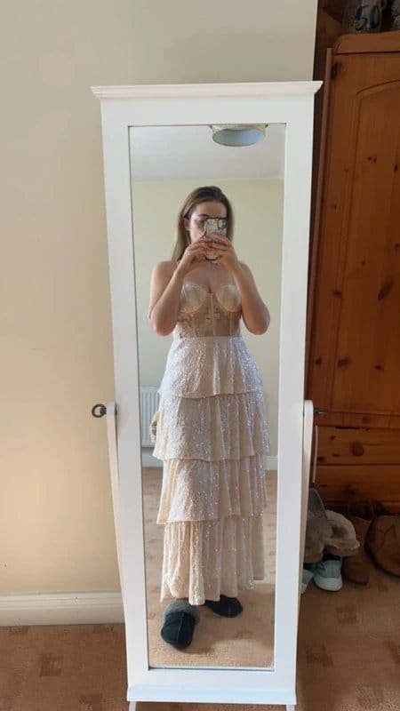 Never Fully Dressed Gold Sequin Lace Tiered Dress