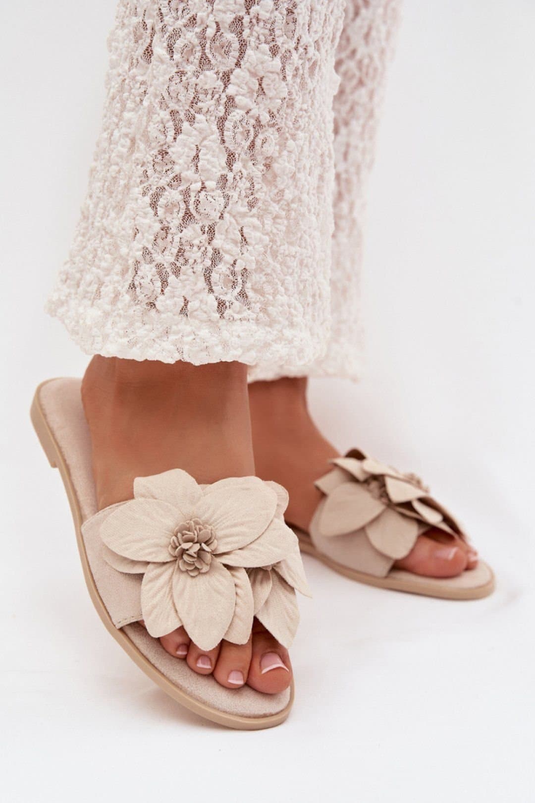 Love Lace Love Lace Beige Suede Flower Strap Slide Slippers