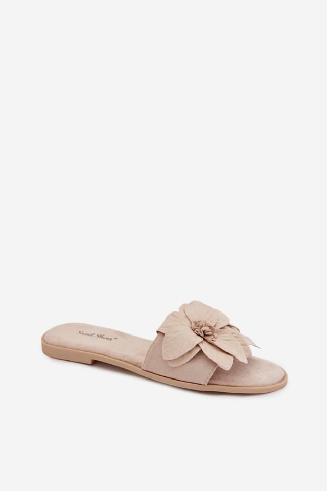 Love Lace Love Lace Women's Suede Flower Strap Slide Slippers with Comfort Flat Sole in Beige - 2