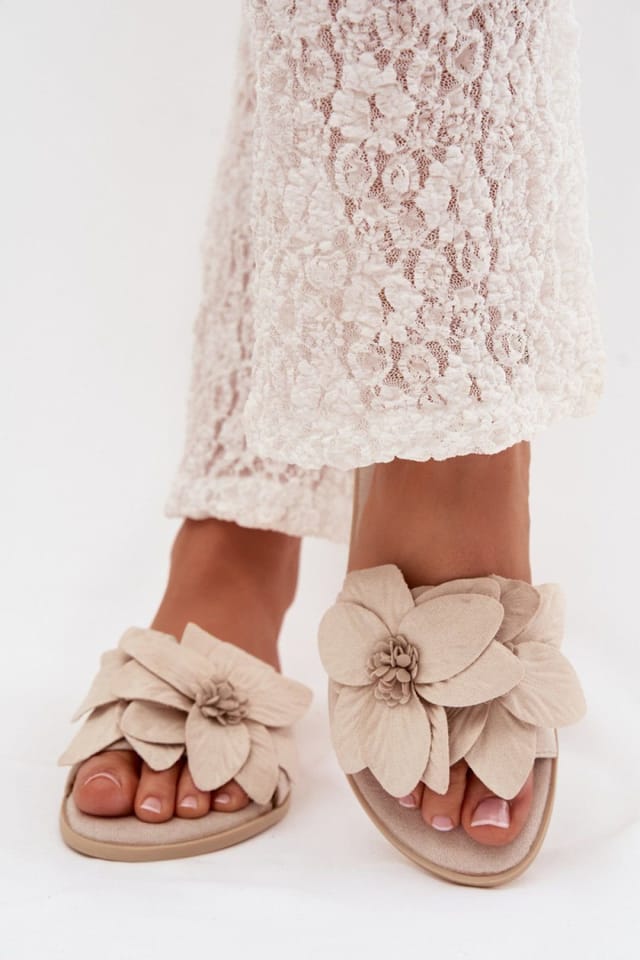 Love Lace Love Lace Women's Suede Flower Strap Slide Slippers with Comfort Flat Sole in Beige - 3