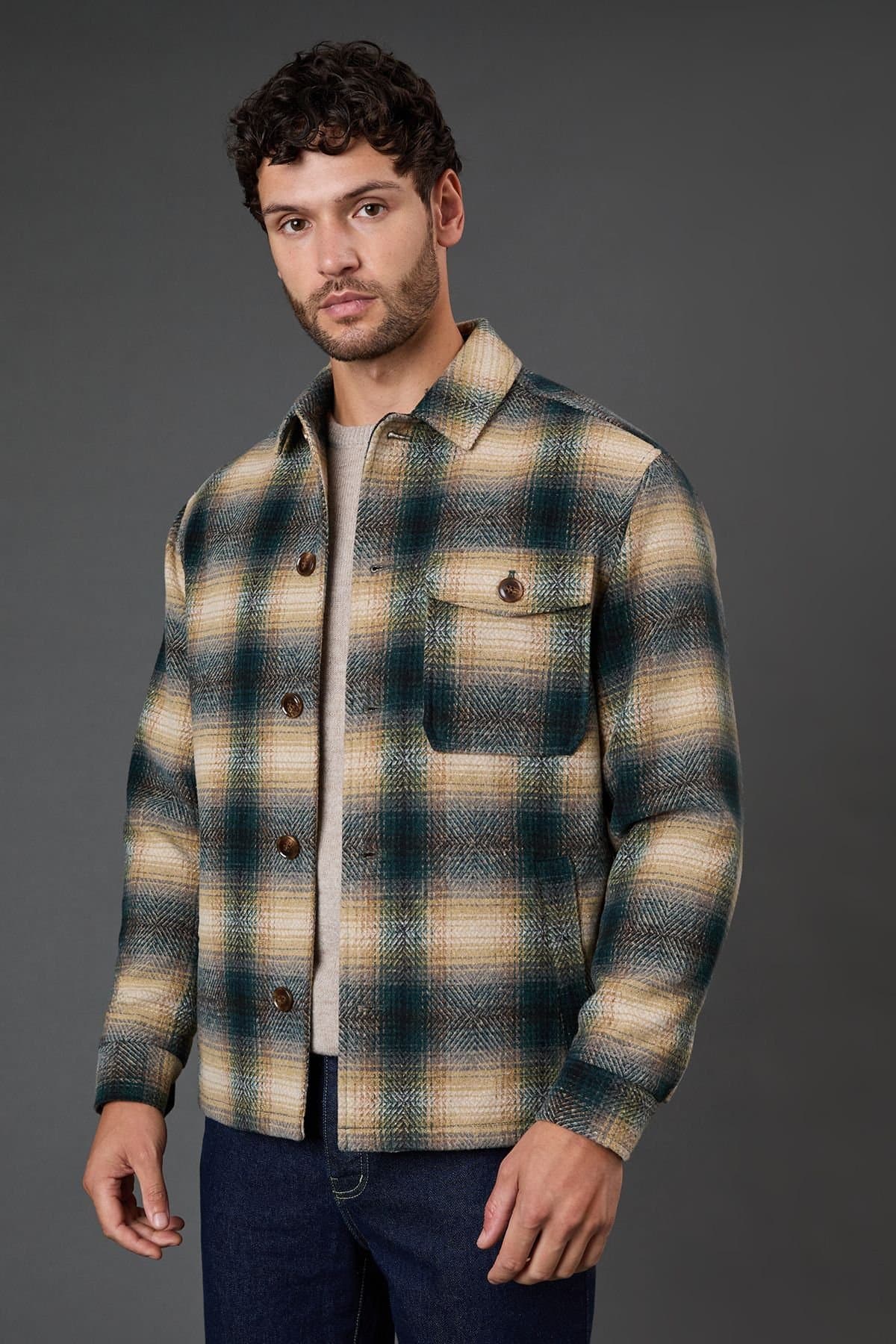 Burton Burton Men's Dark Green Check Wool Look Short Jacket