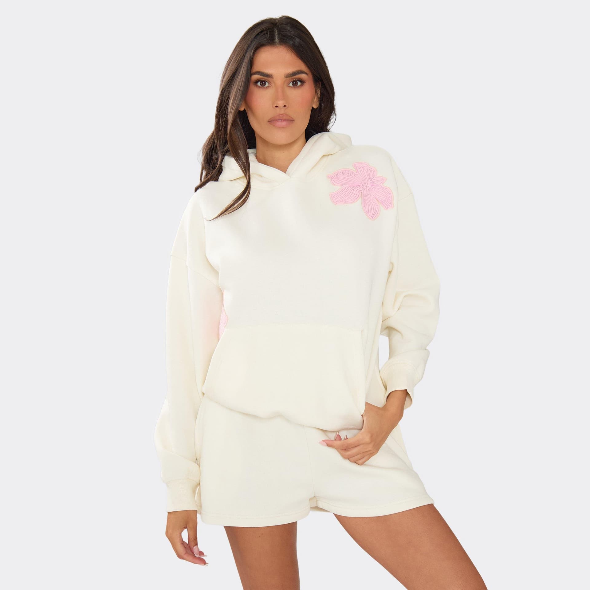 EGO Embroidered Floral Oversized Hoodie In Cream, Women's Size UK 6