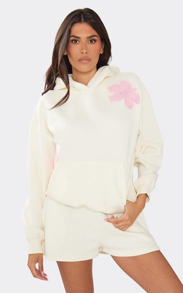 EGO Embroidered Floral Oversized Hoodie In Cream, Women's Size UK 6 - 2