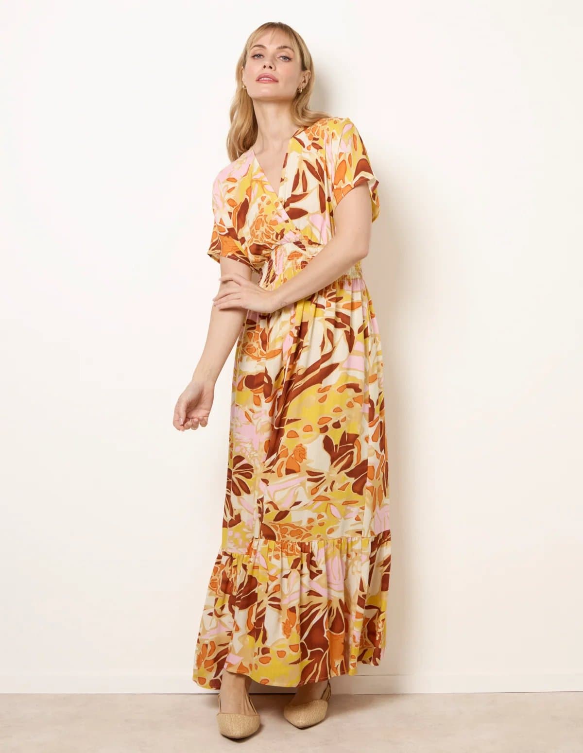 Blue Vanilla Tropical V Front Shirred Waist Maxi Dress