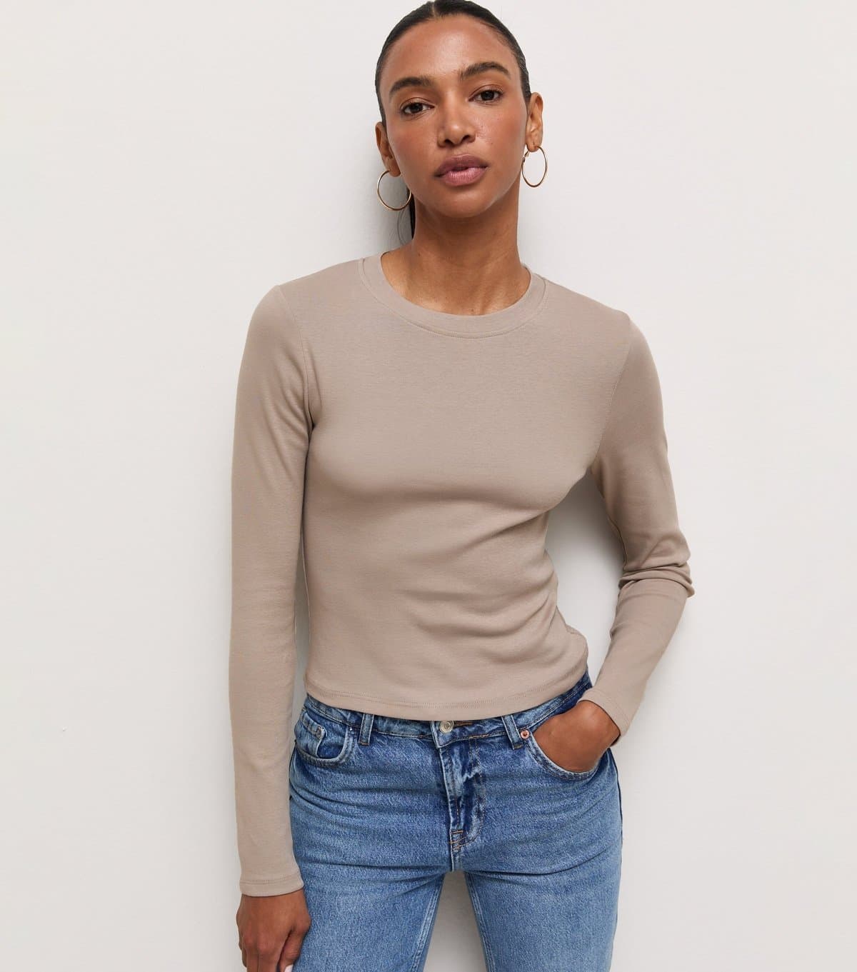 New Look Women's Mink Cotton Rich Long Sleeve Baby Tee Top New Look