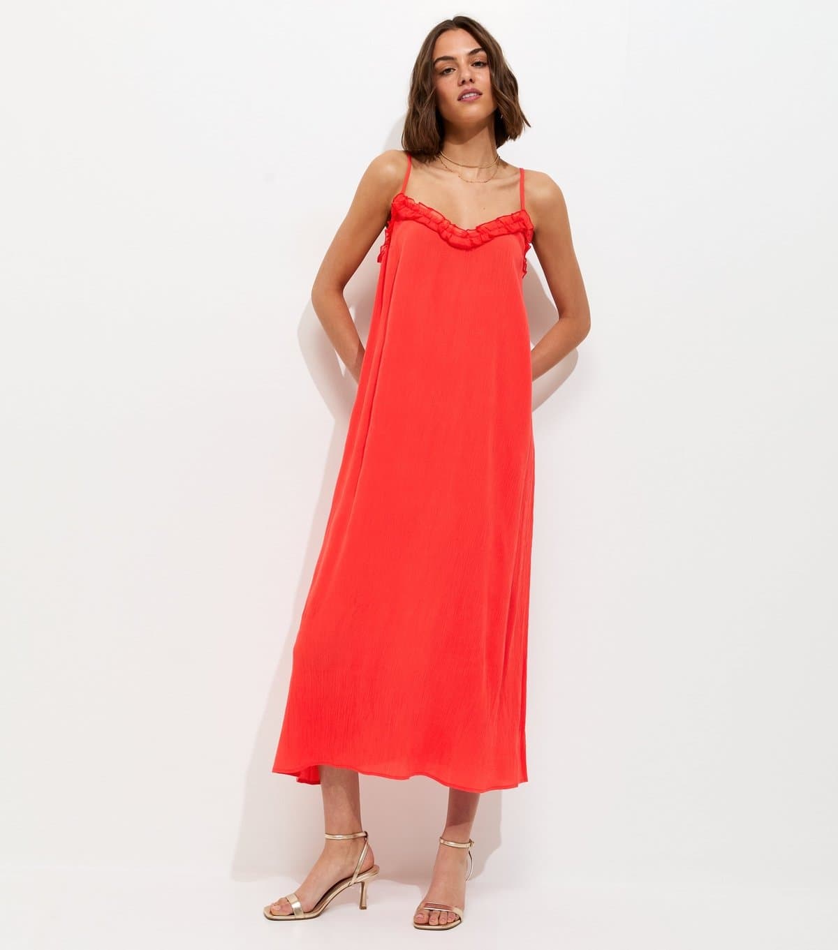 New Look Women's Dark Coral Frilly Trim Strappy Midi Dress New Look