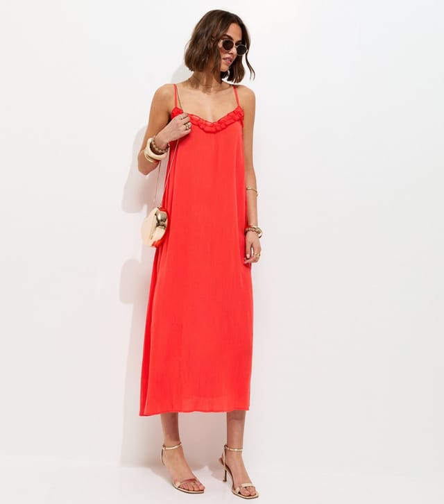 New Look Women's Dark Coral Frilly Trim Strappy Midi Dress New Look - 3