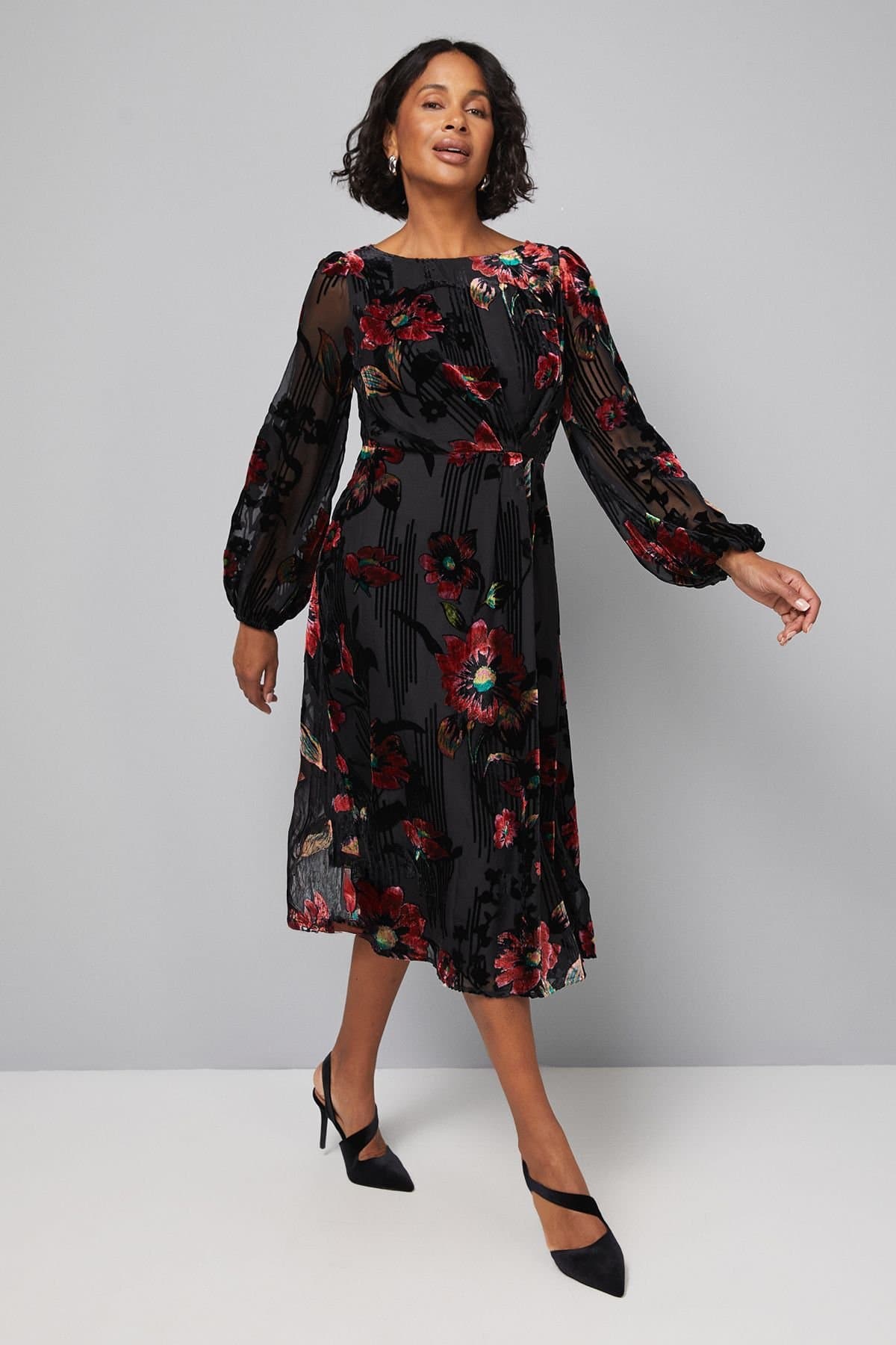 Wallis Wallis Women's Devore Floral Drape Midi Dress in Black