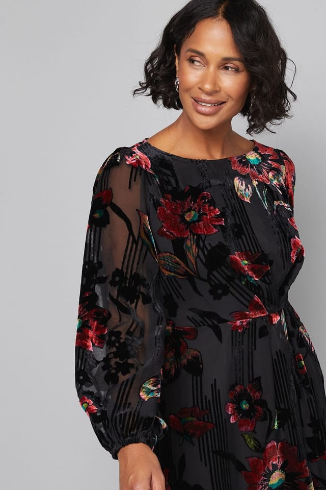 Wallis Wallis Women's Devore Floral Drape Midi Dress in Black - 2