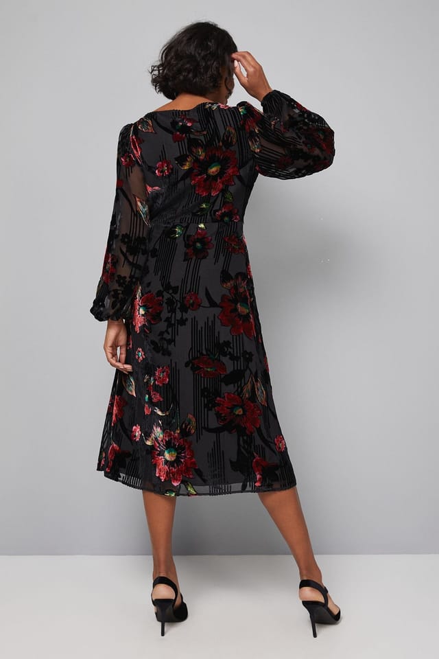 Wallis Wallis Women's Devore Floral Drape Midi Dress in Black - 3