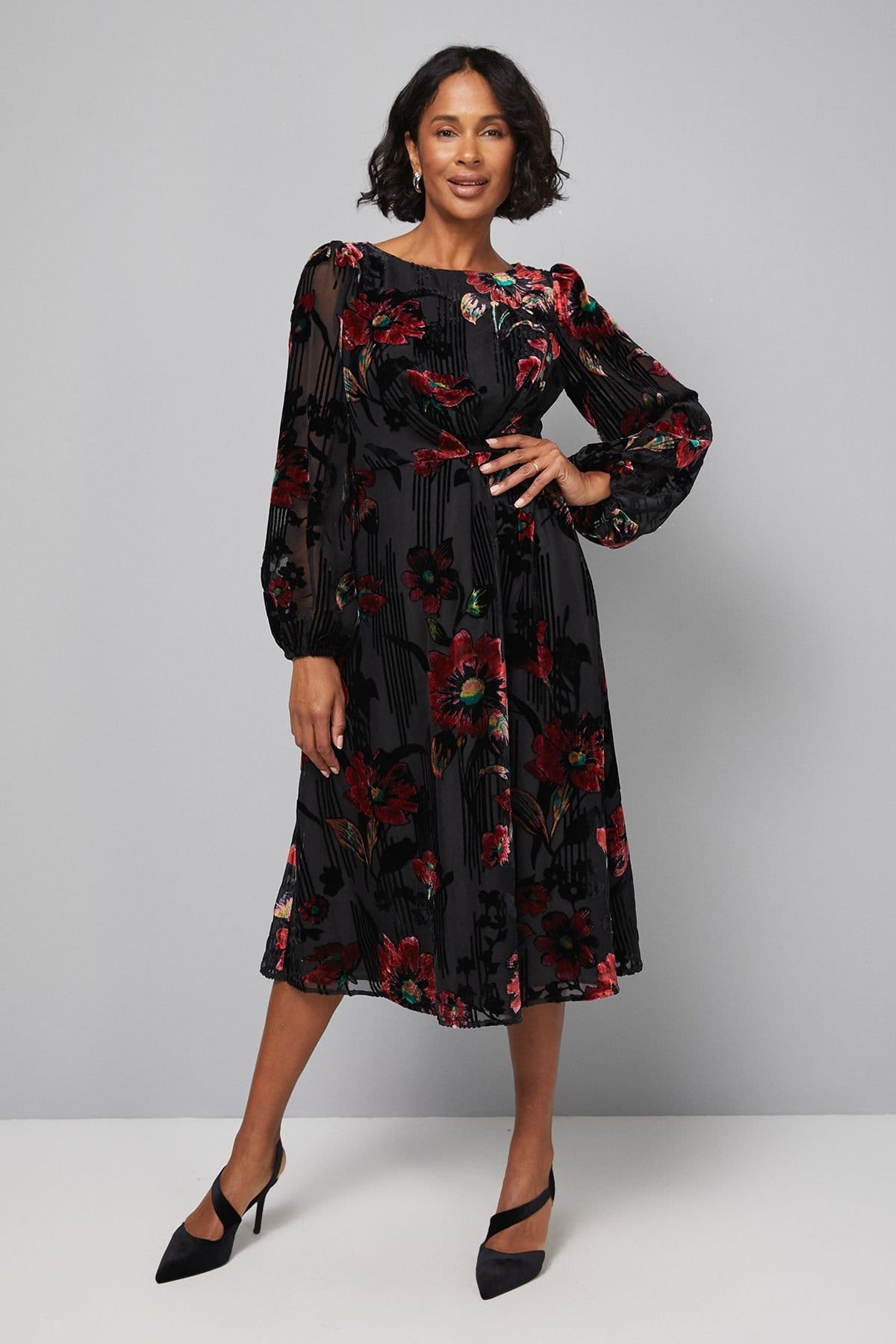 Wallis Wallis Women's Devore Floral Drape Midi Dress in Black - 4