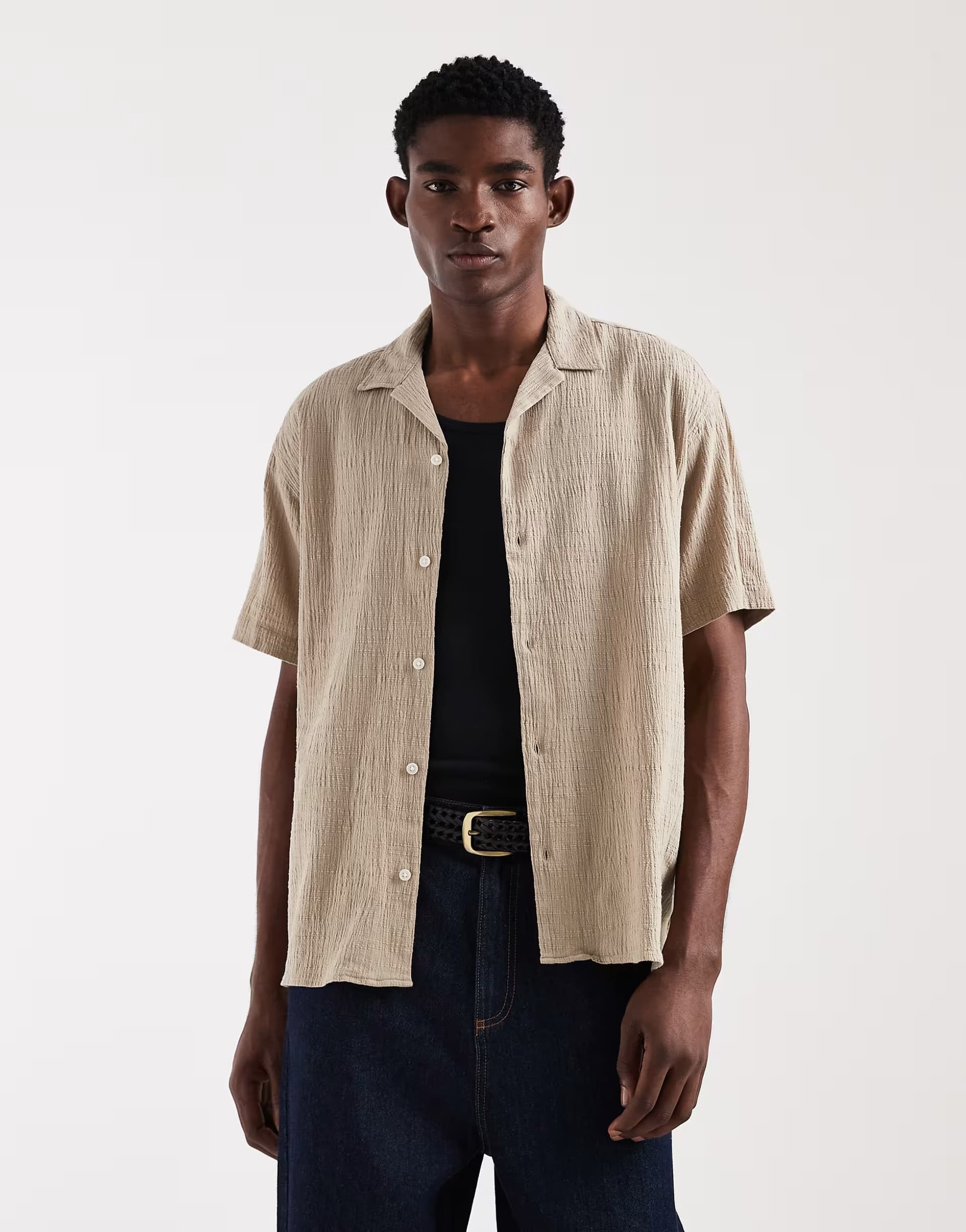 ASOS Jack & Jones textured short sleeve shirt in beige