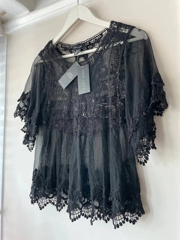 New Look Black Lace Crochet Top 10/12