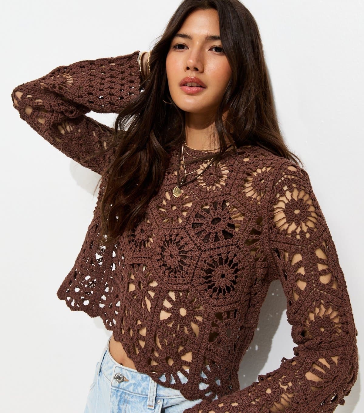 New Look Women's Dark Brown Crochet Knit Semi Sheer Long Sleeve Top New Look
