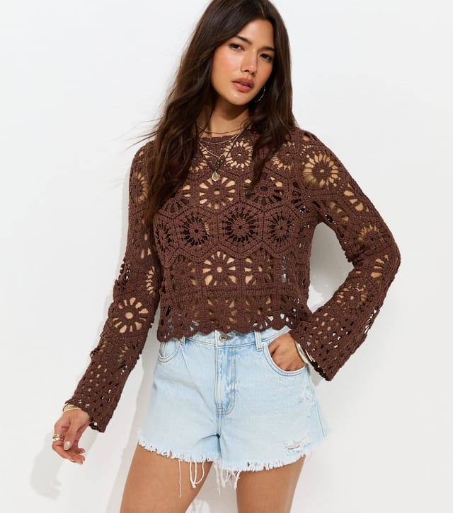 New Look Women's Dark Brown Crochet Knit Semi Sheer Long Sleeve Top New Look - 2