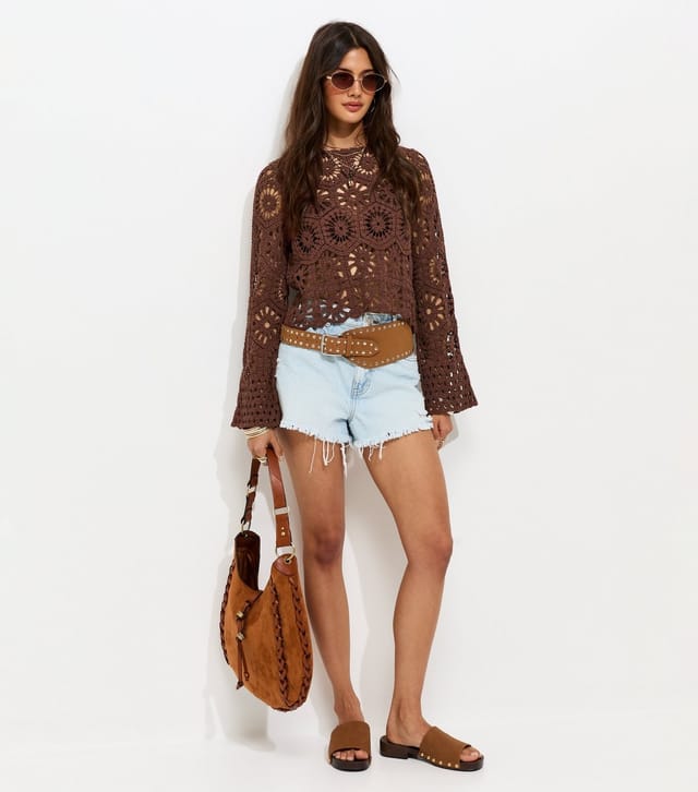 New Look Women's Dark Brown Crochet Knit Semi Sheer Long Sleeve Top New Look - 3