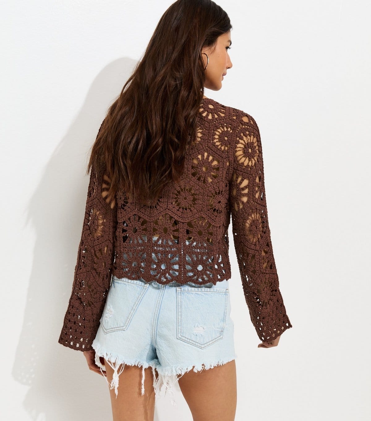 New Look Women's Dark Brown Crochet Knit Semi Sheer Long Sleeve Top New Look - 4