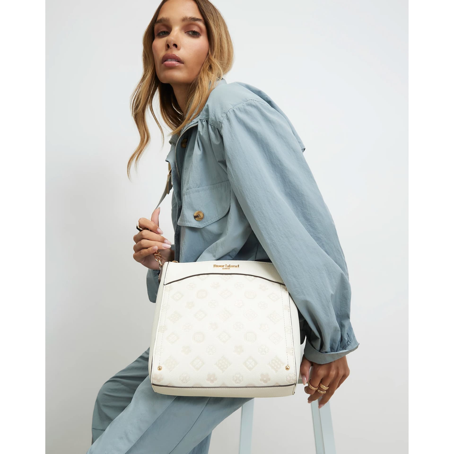 River Island River Island Womens Cream Tonal Monogram Embossed Messenger Bag