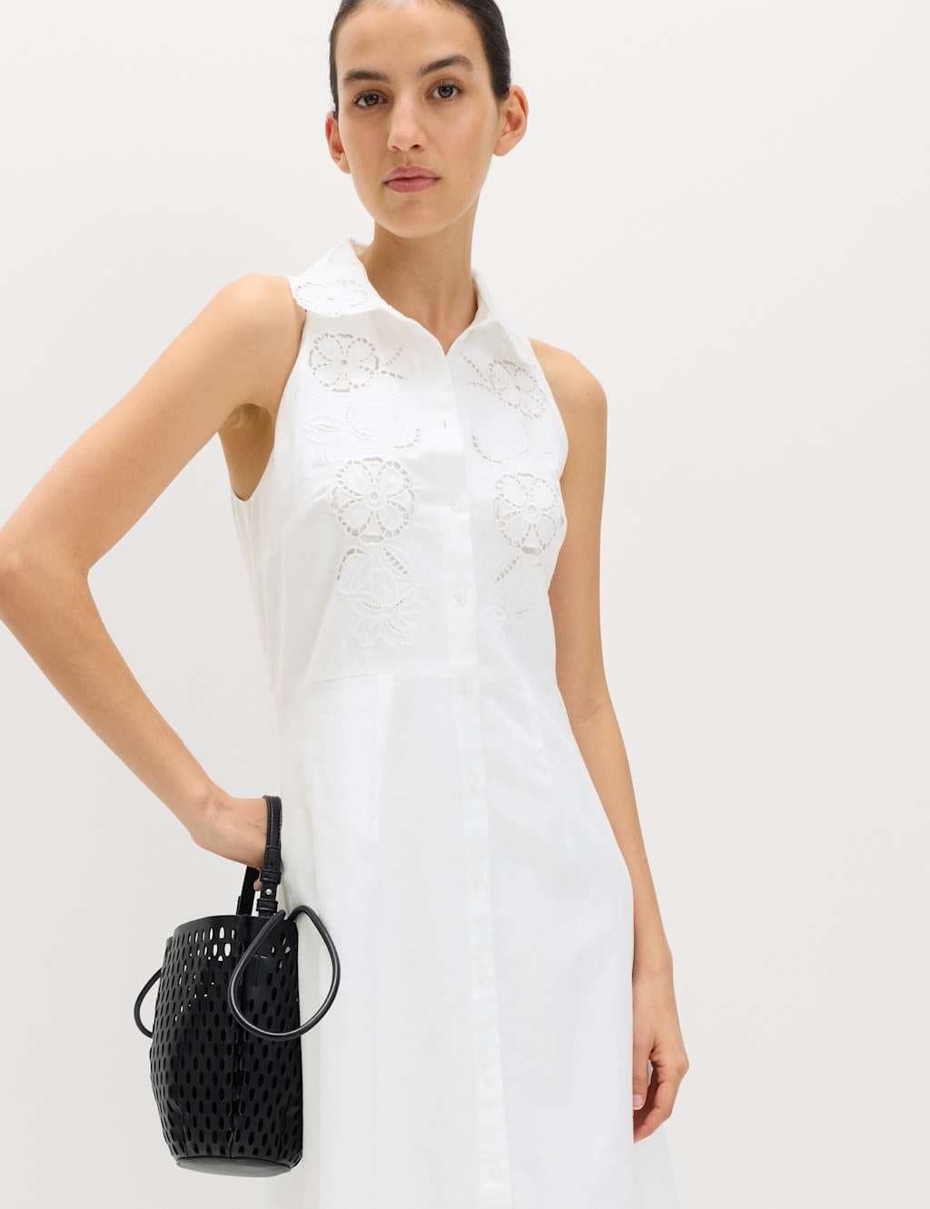 Marks & Spencer M&S Linen Rich Broderie Midi Shirt Dress Ivory