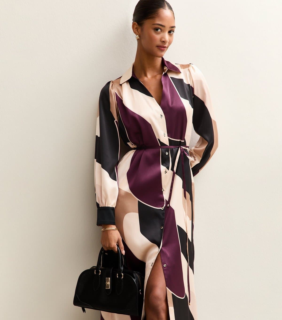 New Look Women's Brown Geometric Print Satin Tie Waist Shirt Dress New Look