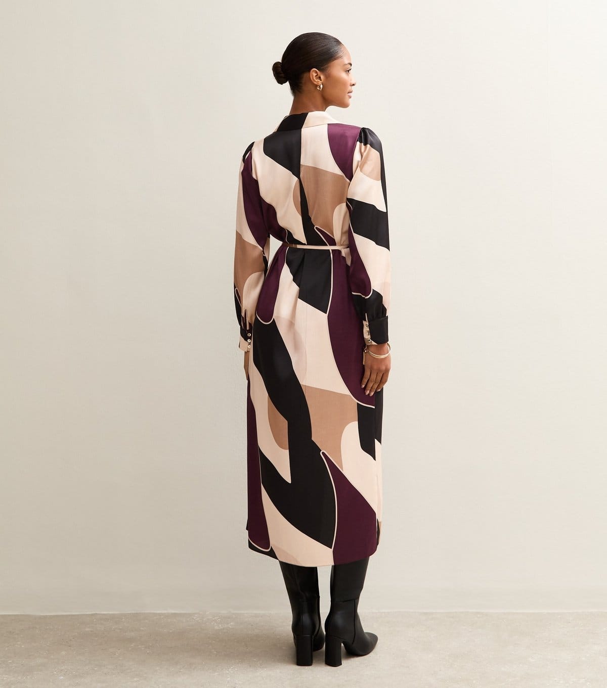 New Look Women's Brown Geometric Print Satin Tie Waist Shirt Dress New Look - 4