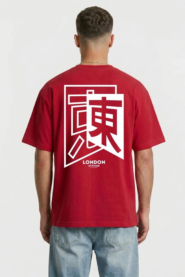 LONDON ATTITUDE LONDON ATTITUDE Men's Japanese inspired Oversized Heavyweight Cotton T-Shirt in Red - 2