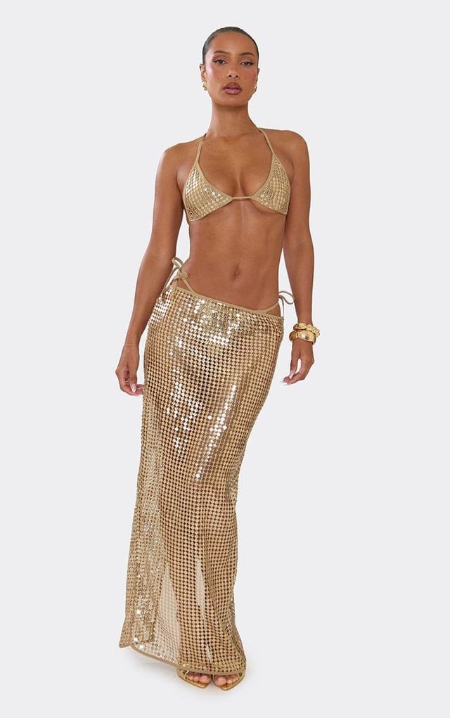 EGO Maxi Beach Skirt In Gold Sequin, Women's Size UK 10 - 2