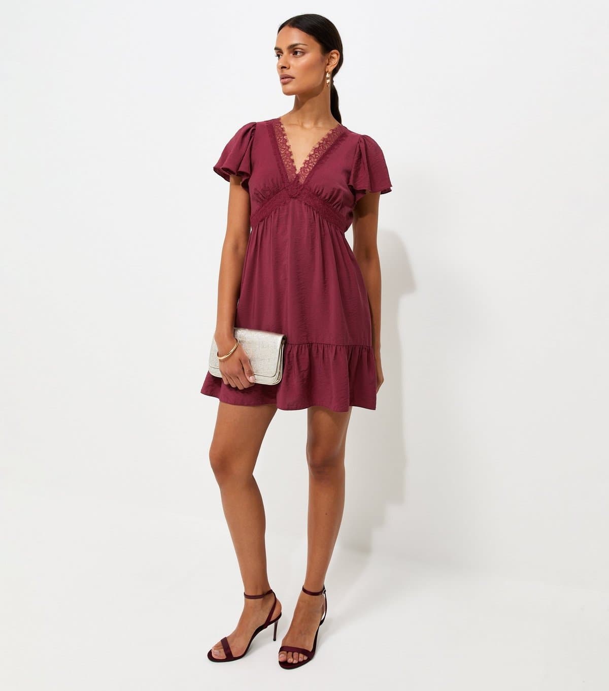 New Look Women's Dark Burgundy Crinkle Texture Lace Trim V Neck Mini Dress New Look