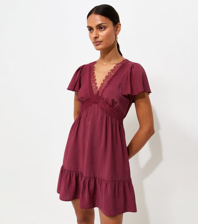 New Look Women's Dark Burgundy Crinkle Texture Lace Trim V Neck Mini Dress New Look - 2