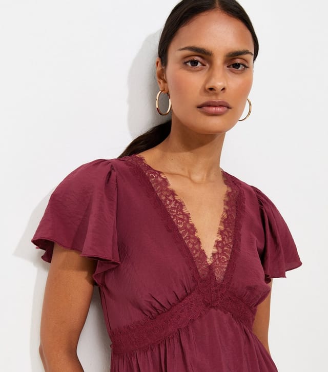 New Look Women's Dark Burgundy Crinkle Texture Lace Trim V Neck Mini Dress New Look - 3