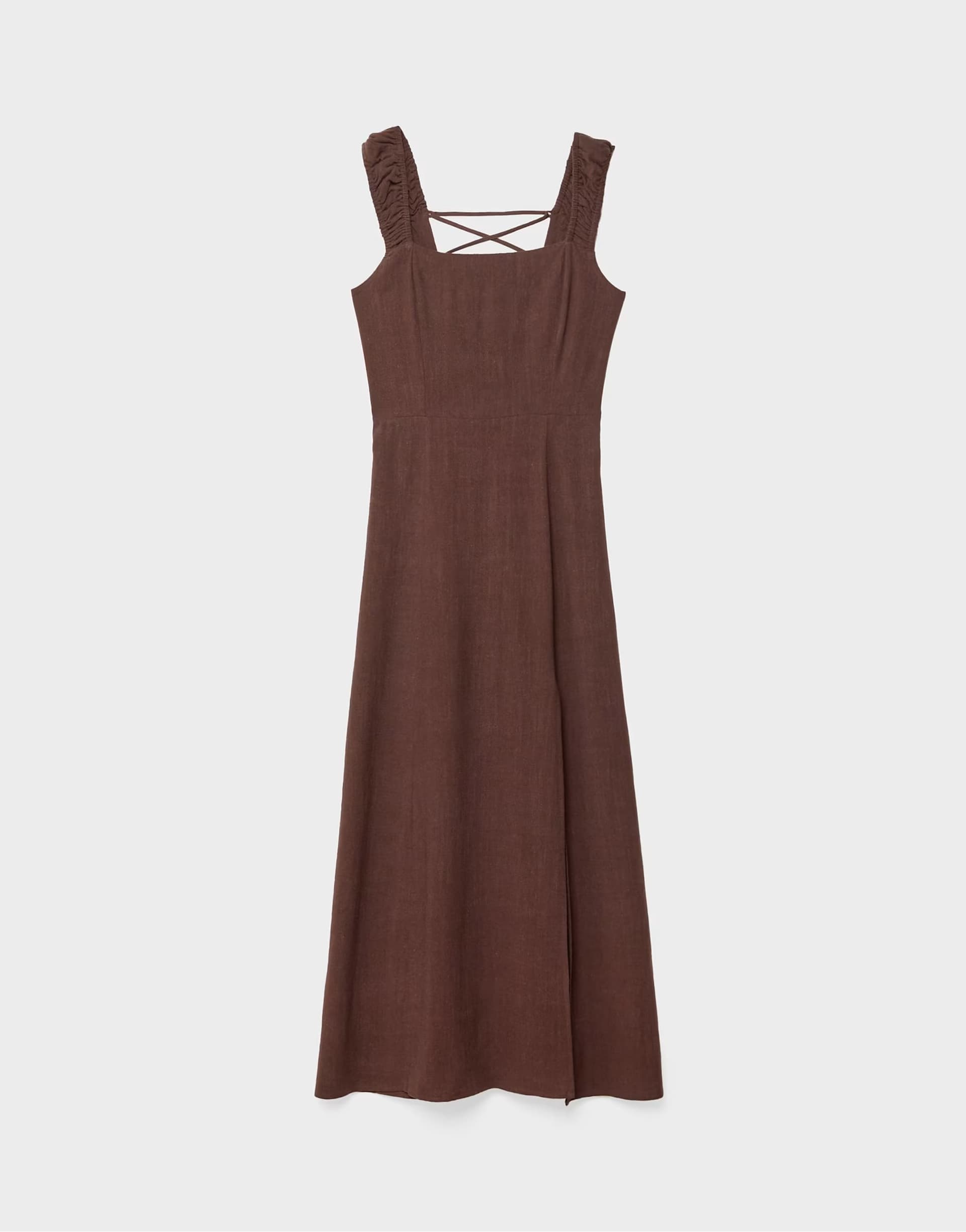 ASOS Stradivarius linen mix maxi dress with crossed back in brown
