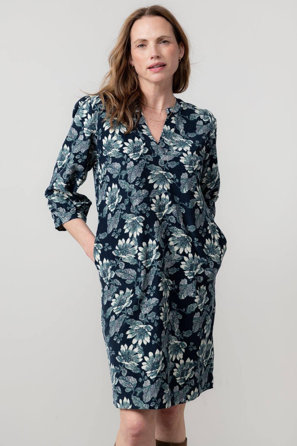 Lily & Me Lily & Me Women's Harvest Cotton Pincord Shift Dress with Three quarter sleeves in Navy - 4