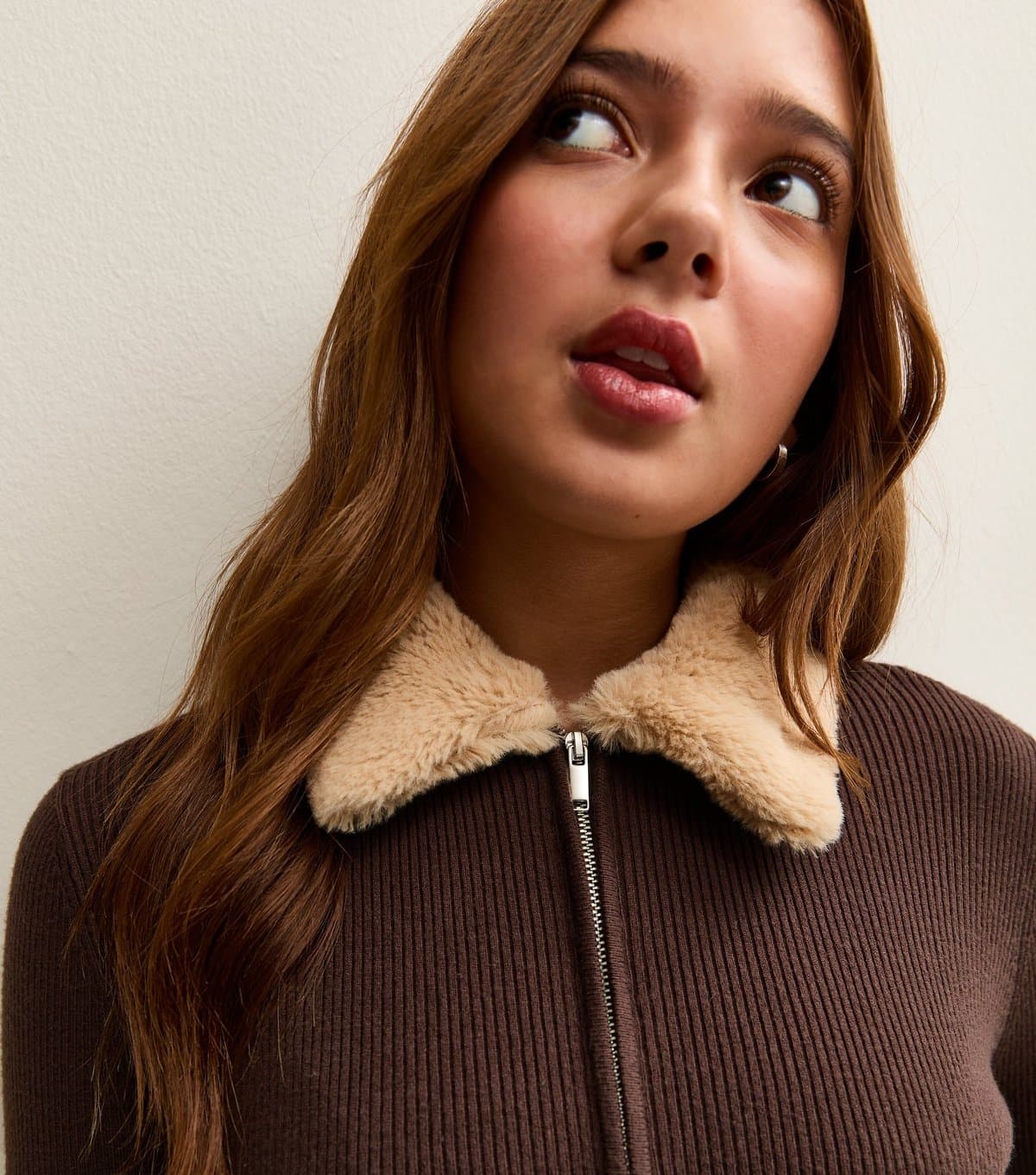 New Look Girls' Dark Brown Faux Fur Collar Cardigan New Look