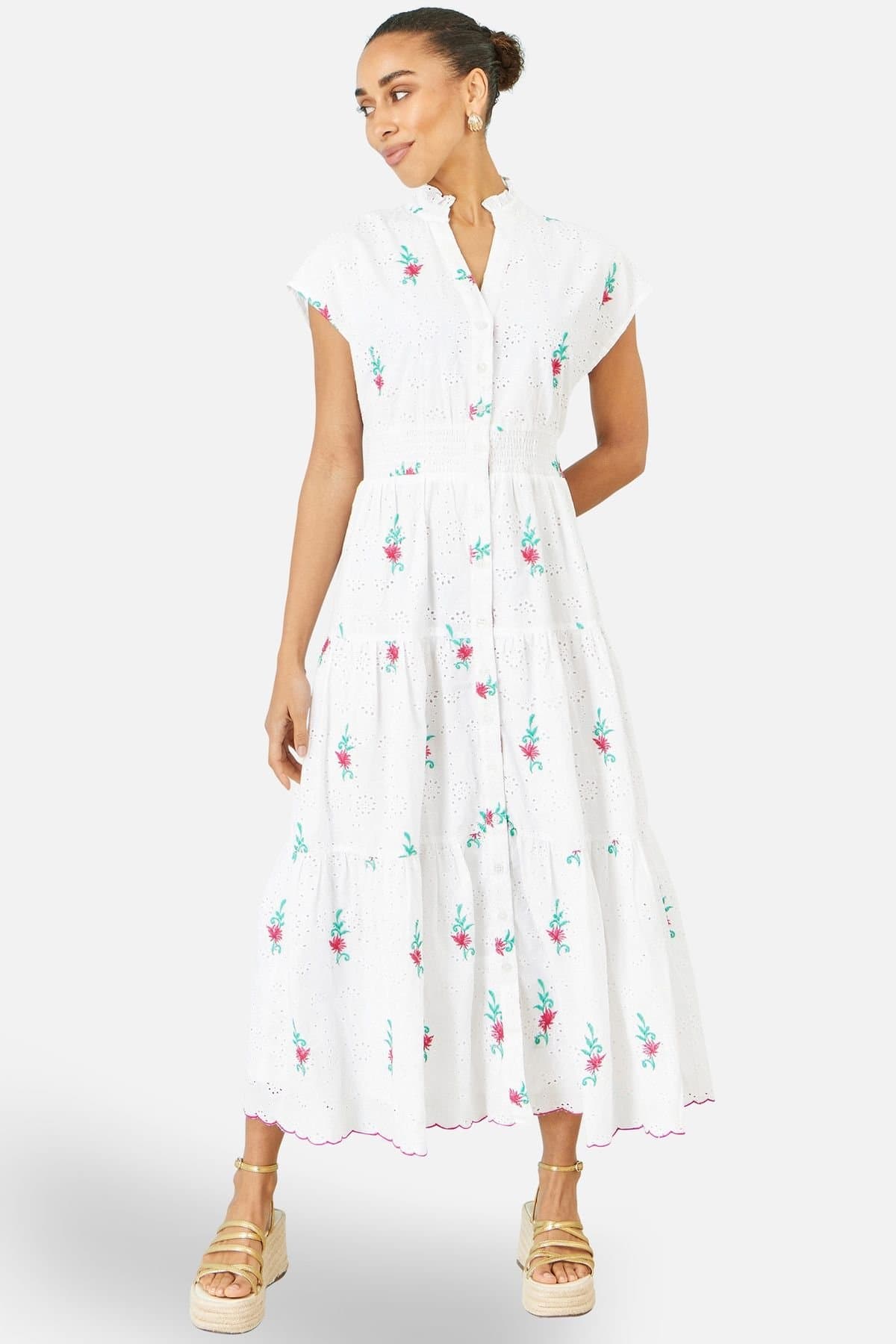 Yumi Yumi Women's White Cotton Broderie Anglaise Embroidered Midi Dress