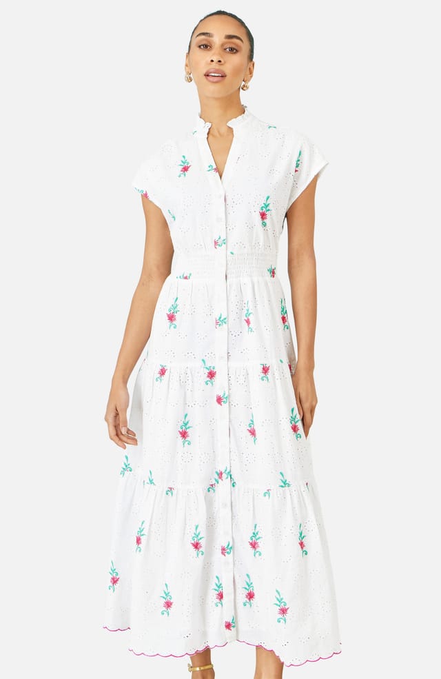 Yumi Yumi Women's White Cotton Broderie Anglaise Embroidered Midi Dress - 2