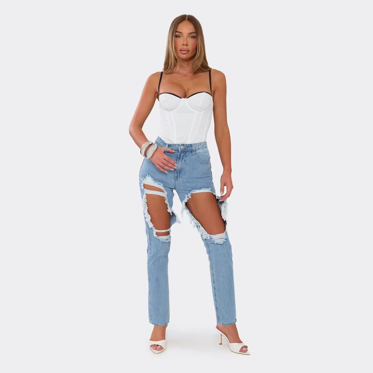 EGO High Waist Distressed Boyfriend Jeans In Mid Blue Denim, Women's Size UK 6