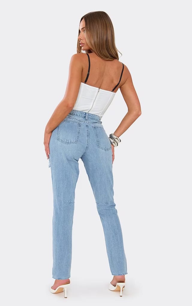 EGO High Waist Distressed Boyfriend Jeans In Mid Blue Denim, Women's Size UK 6 - 2