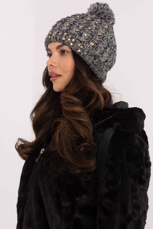 Love Lace Love Lace Women's Elegant Winter Beanie with Zircon Studs & Fluffy Pom Pom Hat in Grey - 2