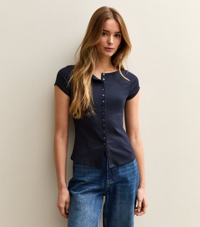 New Look Women's Navy Ribbed Button Through Baby Tee New Look - 3