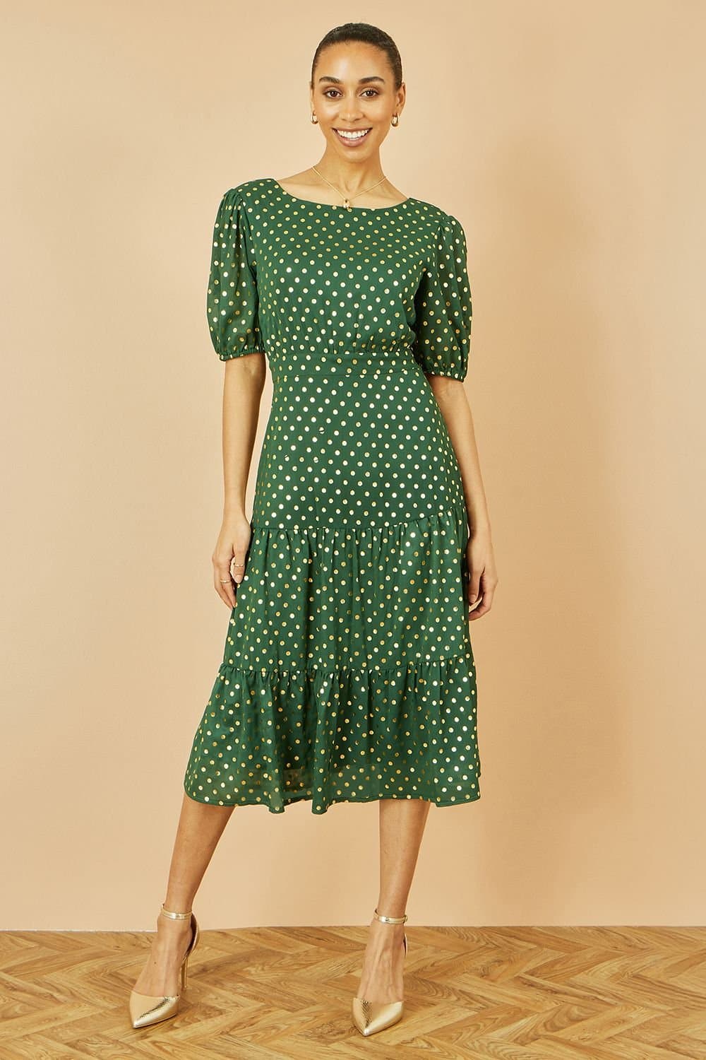 Yumi Yumi Women's Green Gold Foil Spot Midi Dress With Scoop Back