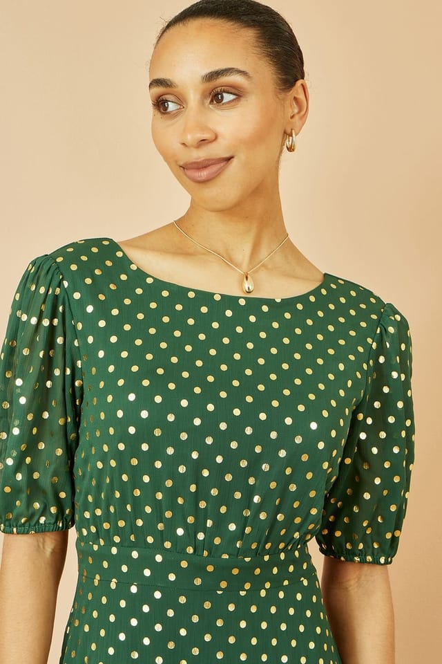 Yumi Yumi Women's Green Gold Foil Spot Midi Dress With Scoop Back - 2