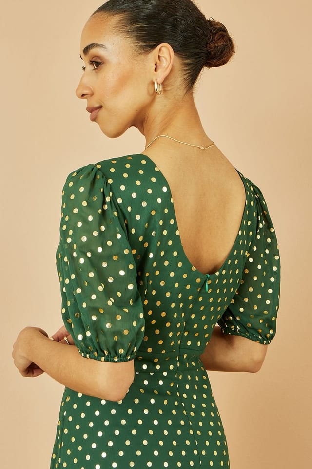 Yumi Yumi Women's Green Gold Foil Spot Midi Dress With Scoop Back - 3