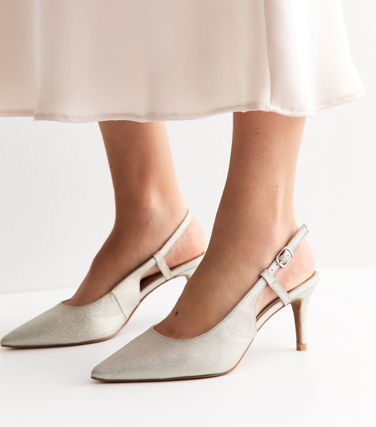 New Look Women's Wide Fit Silver Faux Leather Shimmer Slingback Court Shoes New Look