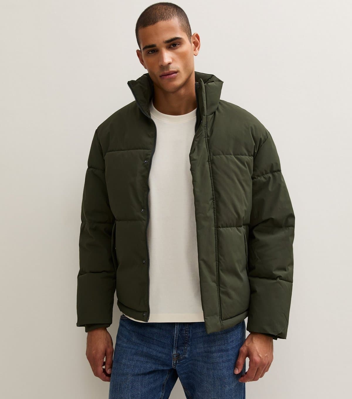 Jack & Jones Men's Dark Khaki Funnel Neck Padded Jacket Jack & Jones New Look