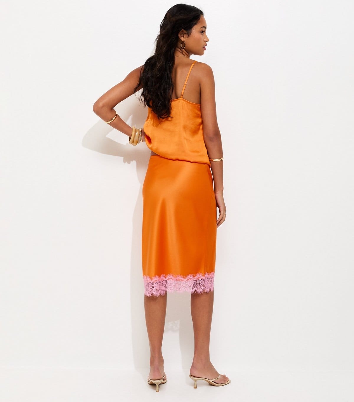 New Look Women's Burnt Orange Satin Lace Hem Midi Skirt New Look - 4