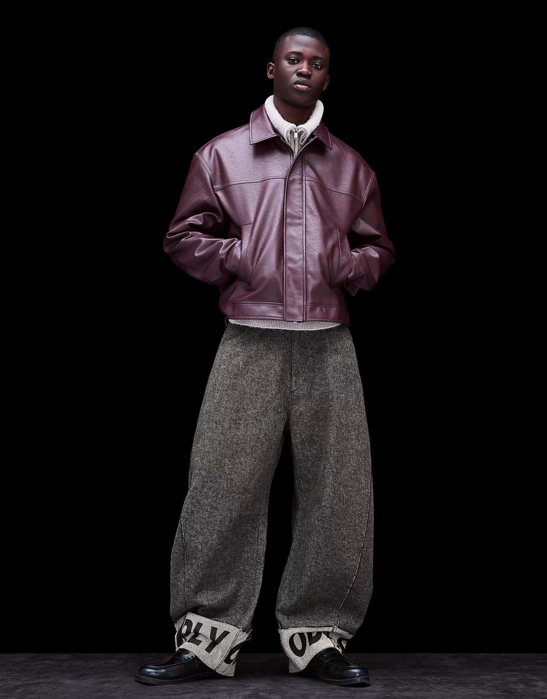 ASOS Bershka Barrel-leg trousers with printed hem in grey&black