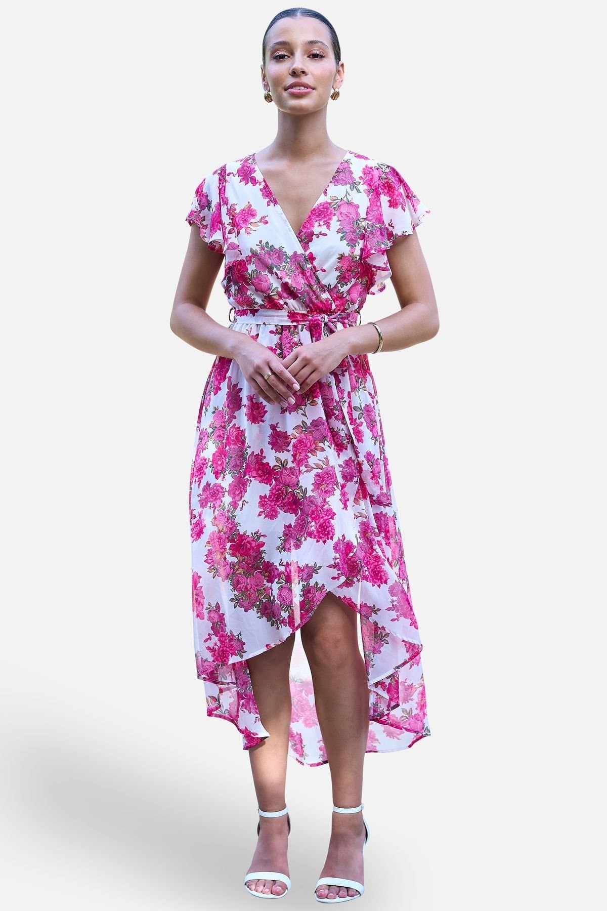 Yumi Yumi Women's Ivory Floral Wrap Dress With Dipped Hem in White