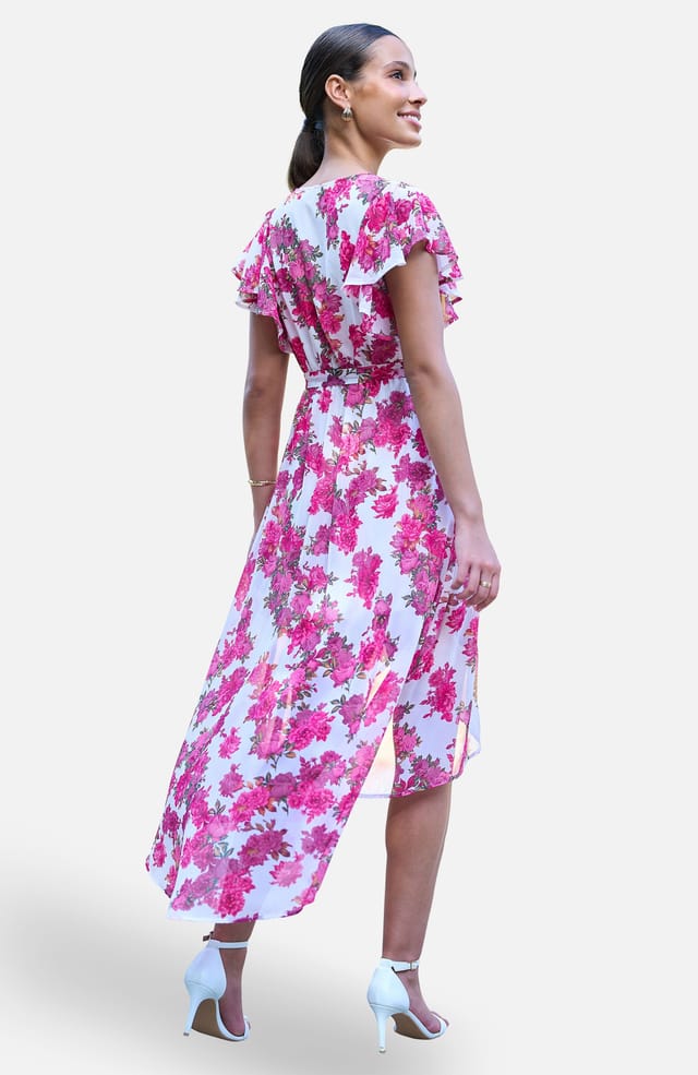 Yumi Yumi Women's Ivory Floral Wrap Dress With Dipped Hem in White - 2