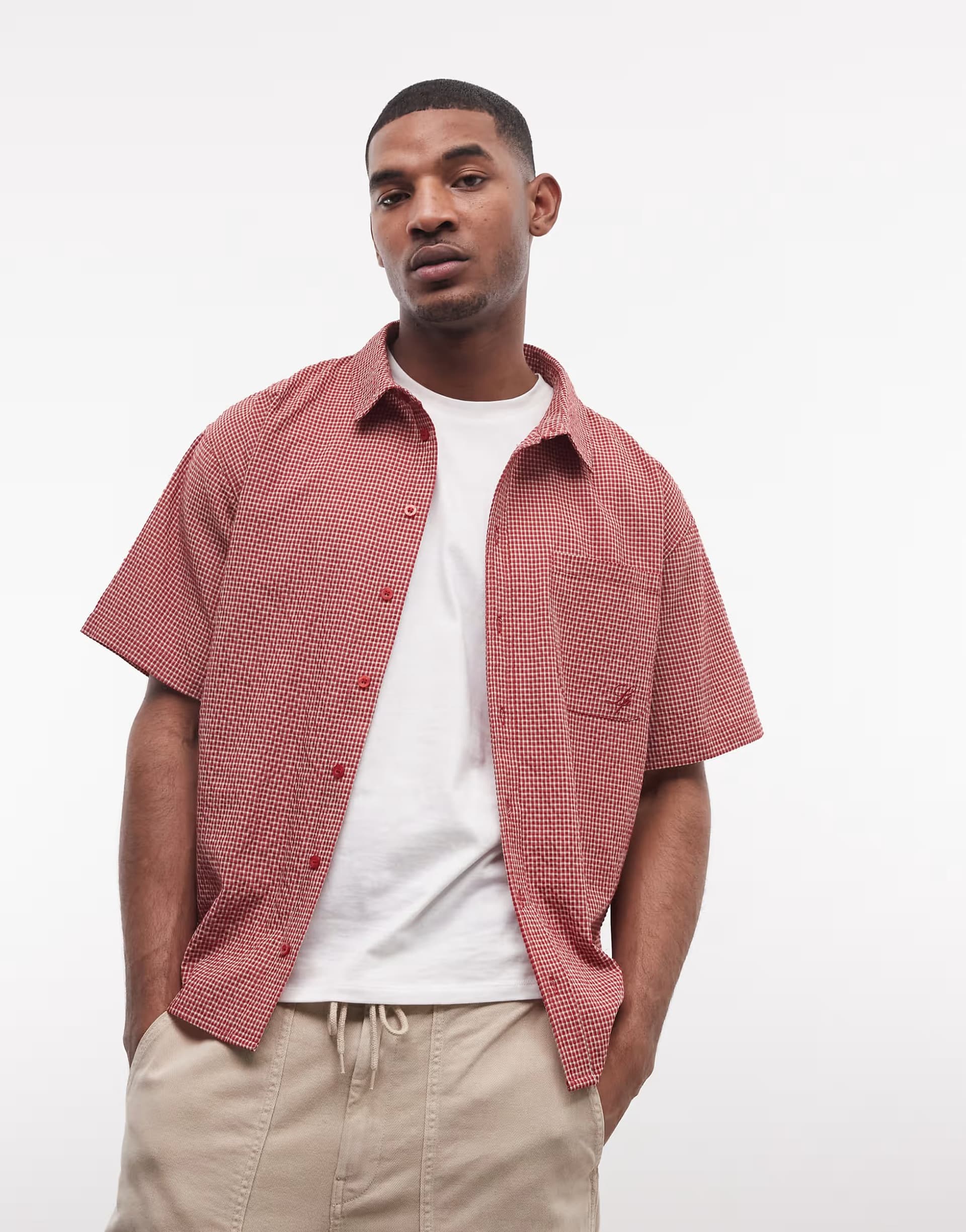 ASOS Liquor N Poker boxy micro check shirt in red