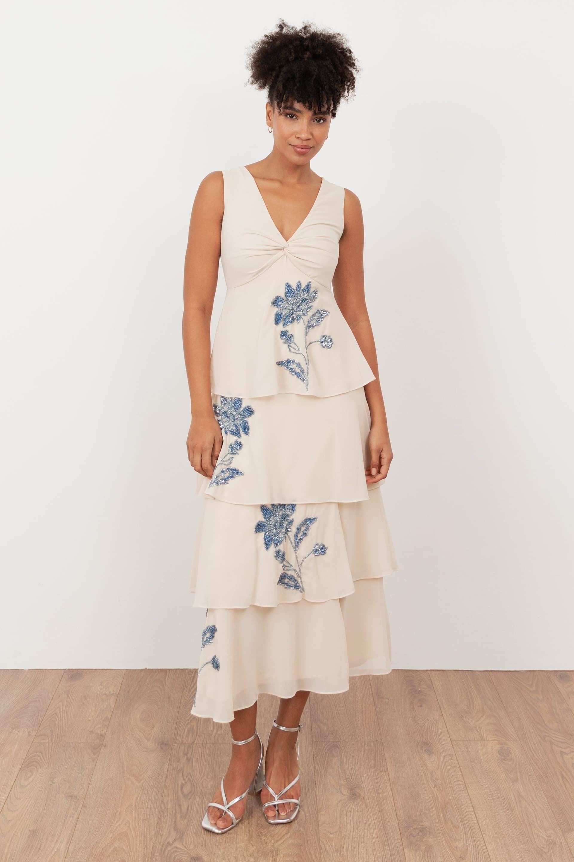 Maya Deluxe Maya Deluxe Women's Twist Front Embellished Tiered Midaxi Dress in Nude